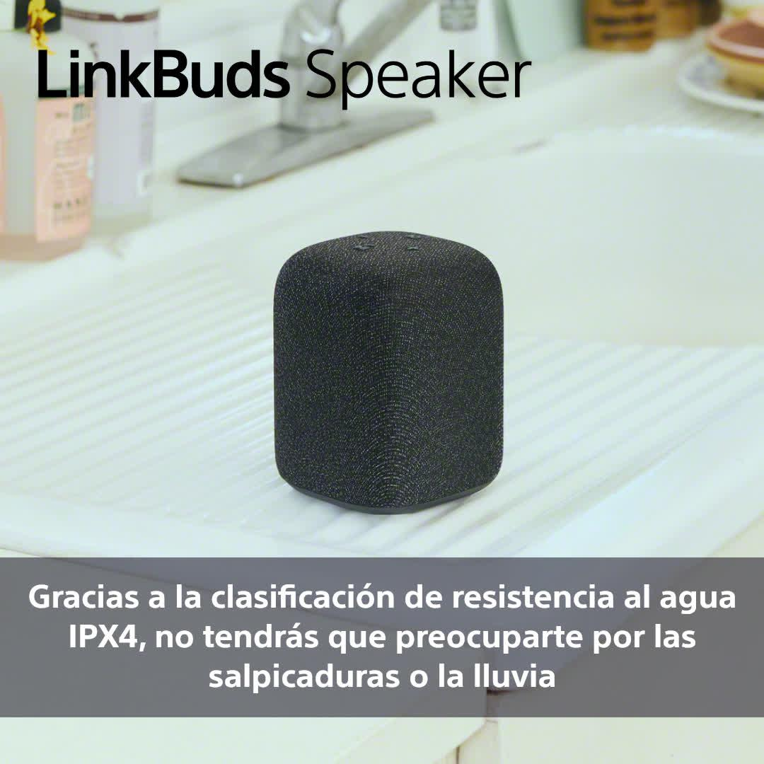 Un altavoz negro y cilíndrico sobre una superficie blanca, con texto.