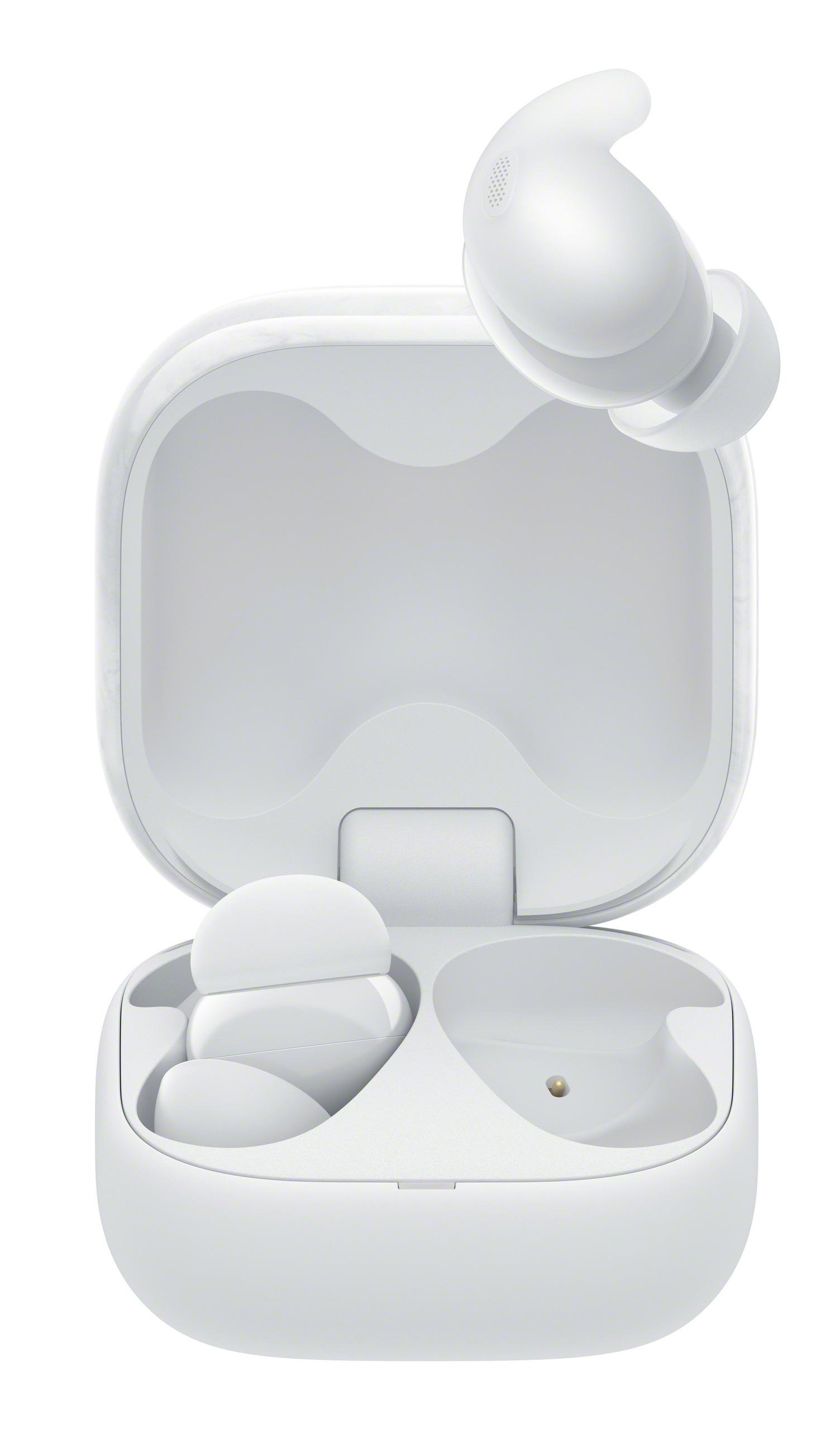 Białe bezprzewodowe słuchawki douszne i etui ładujące, otwarte, na białym tle.