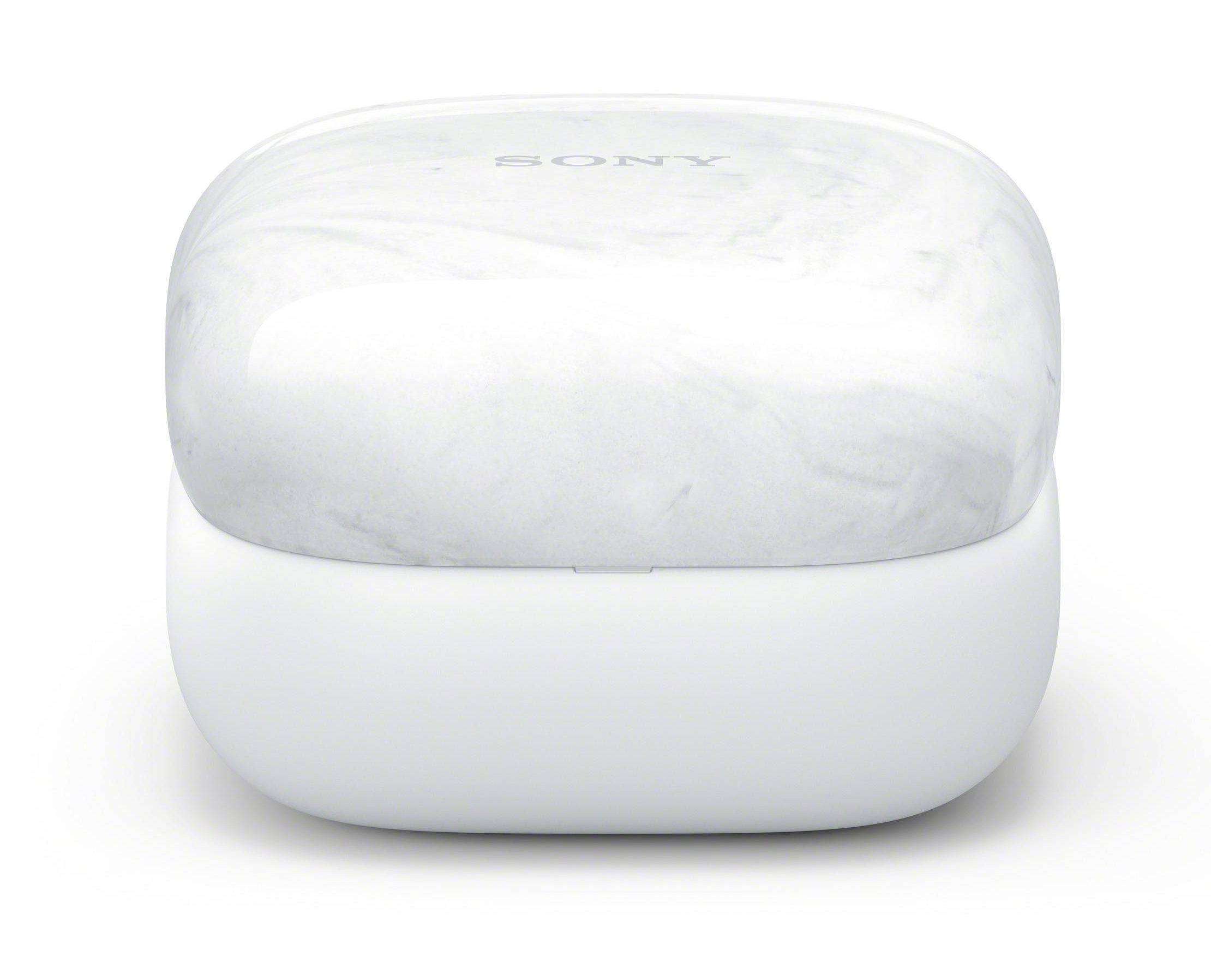 Białe etui na słuchawki z logo Sony. Białe tło.