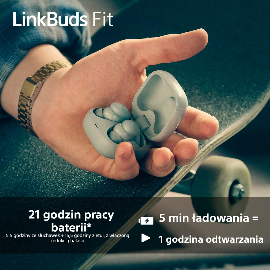 Dłoń trzymająca jasnoszare słuchawki i etui ładujące. Tekst podaje 21 godzin pracy na baterii i inne funkcje.