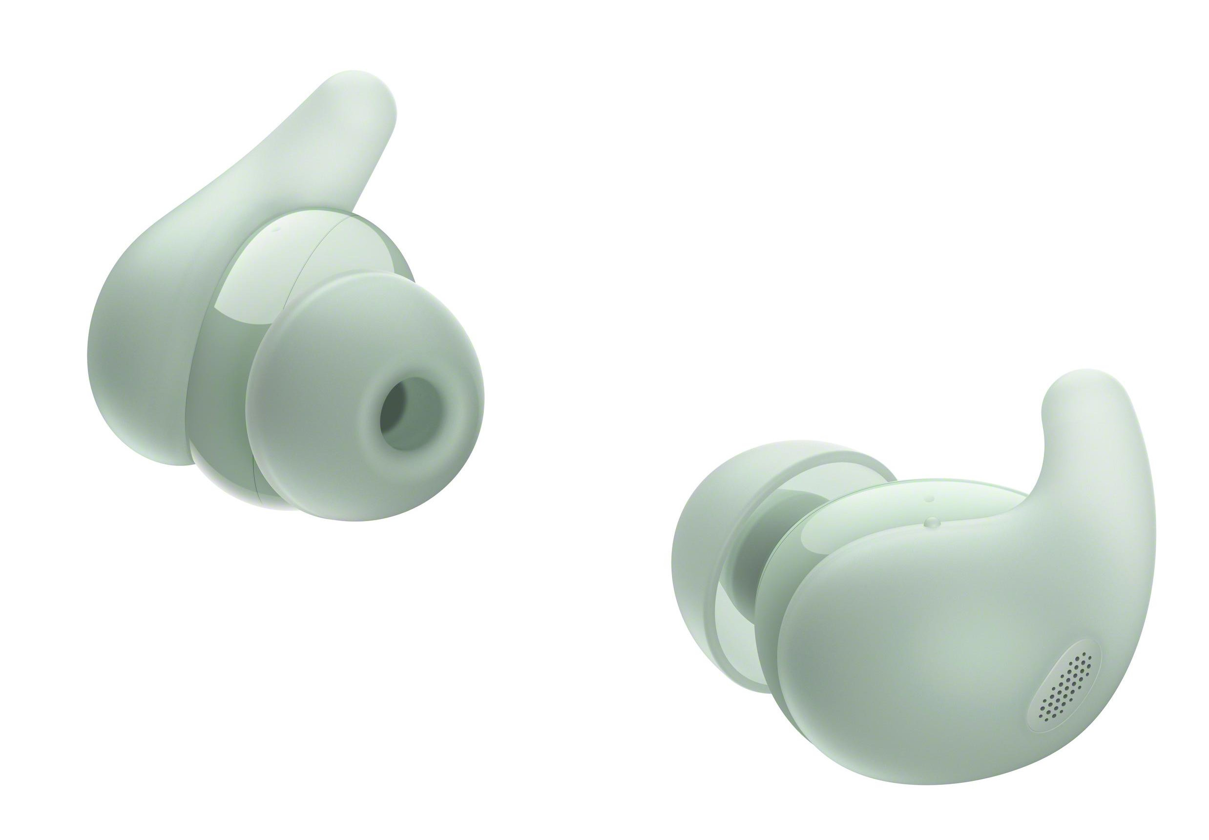 Dwie jasnozielone słuchawki douszne, na białym tle. Widok z boku.