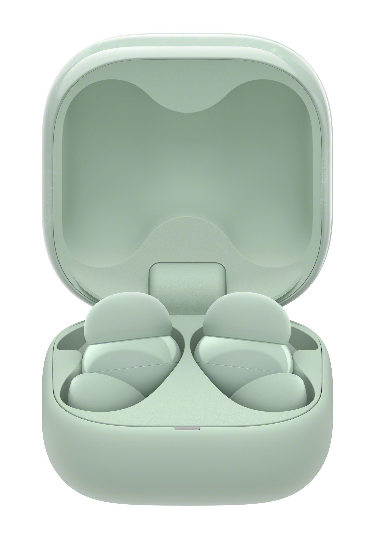 Otwarte miętowo-zielone słuchawki bezprzewodowe i etui ładujące. Białe tło. Słuchawki skierowane w górę i na zewnątrz.