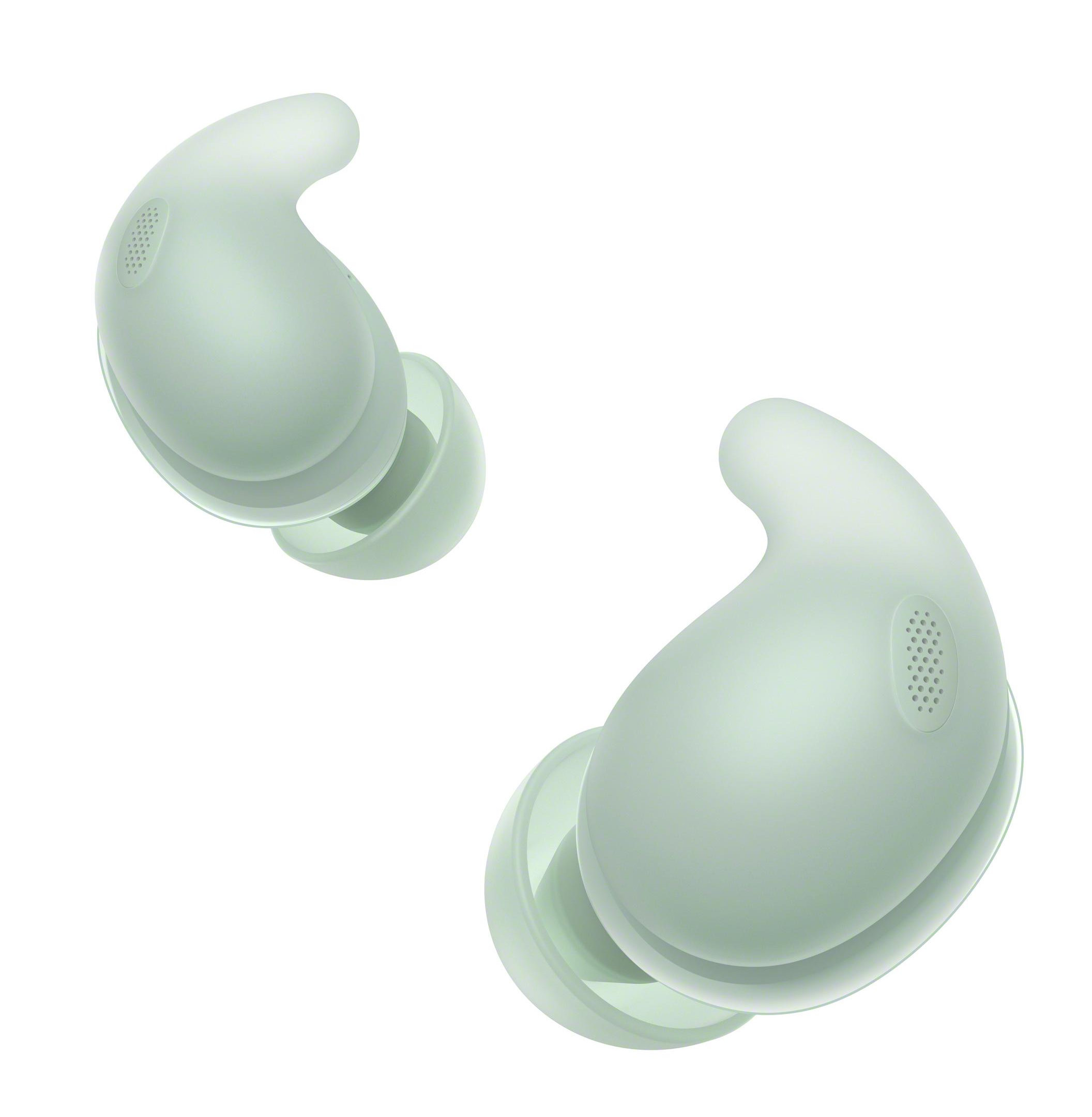 Dwa miętowo-zielone słuchawki na białym tle. Mają zaokrąglony kształt i mały otwór głośnika.