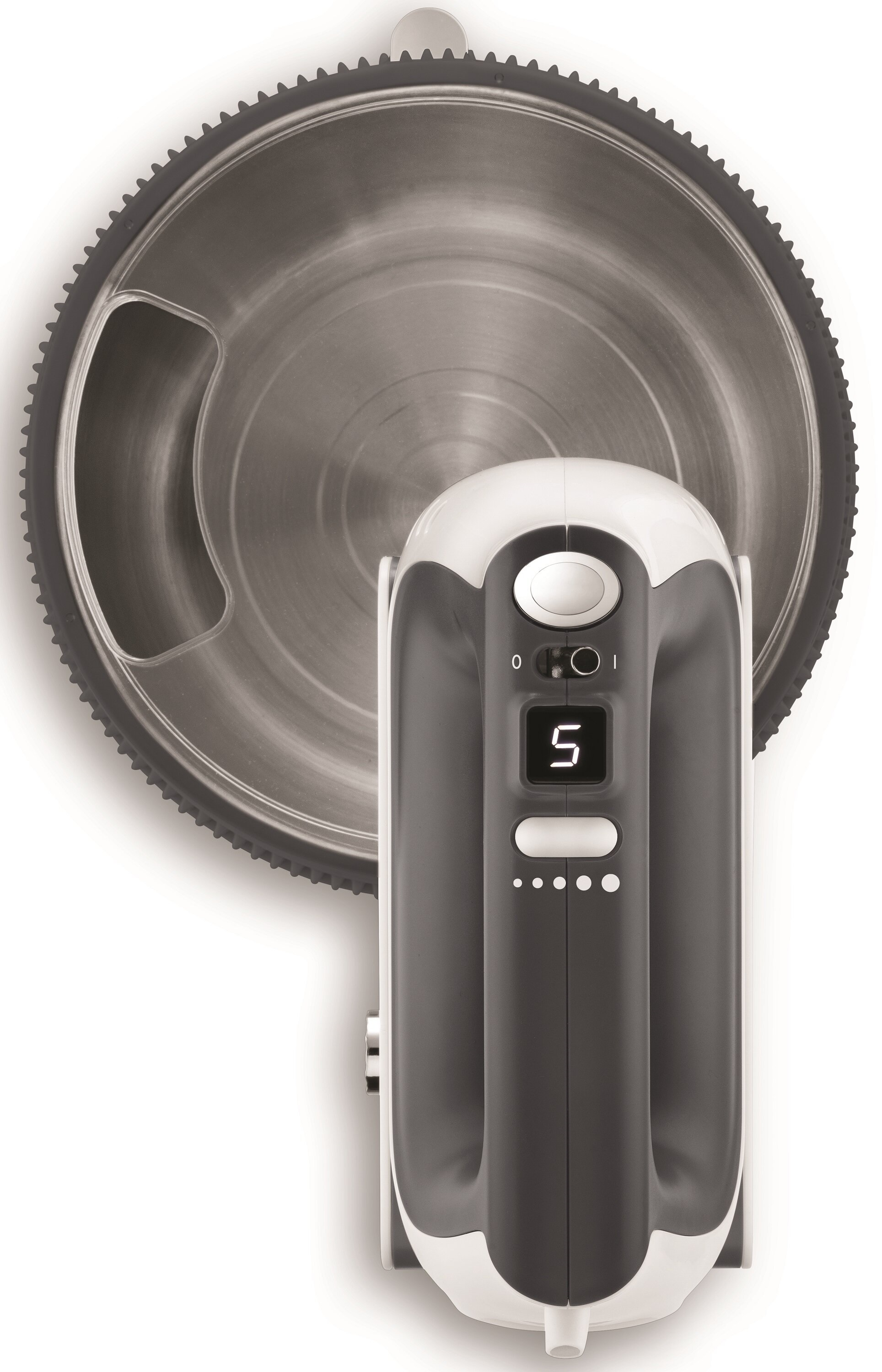 Zbliżenie miksera ręcznego w szarej i białej kolorystyce. Ustawienie prędkości jest na poziomie 5.