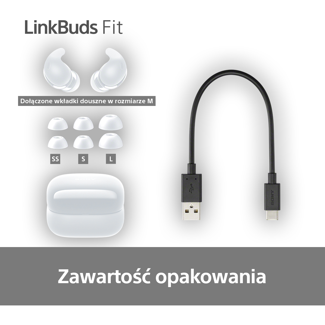 Białe słuchawki, etui i kabel USB. Dopasowanie słuchawek, rozmiary SS, S, L. Tekst: "Zawartość opakowania".