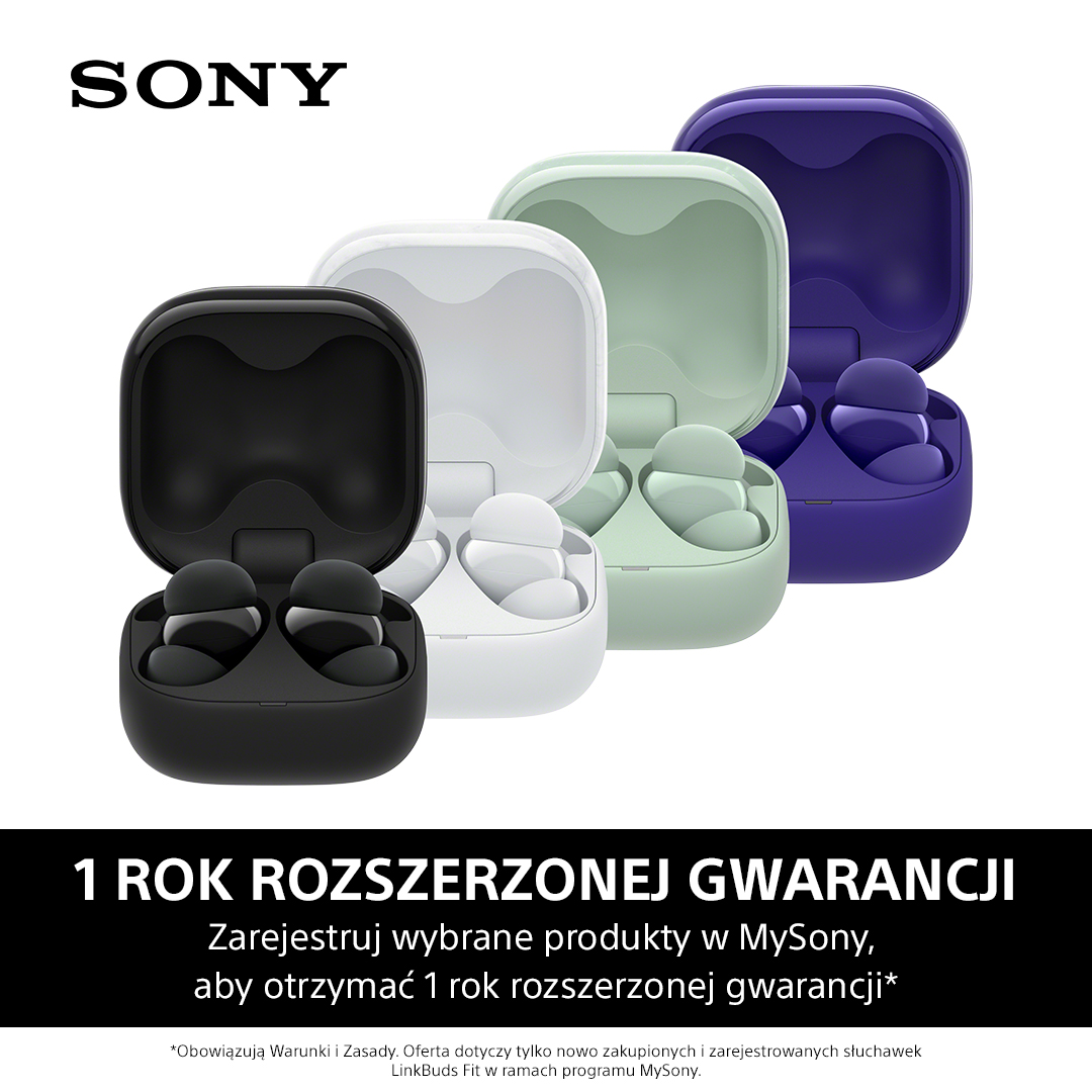 Cztery kolorowe etui na słuchawki. Czarny, biały, miętowy, fioletowy, każdy ze słuchawkami. Logo Sony na górze.