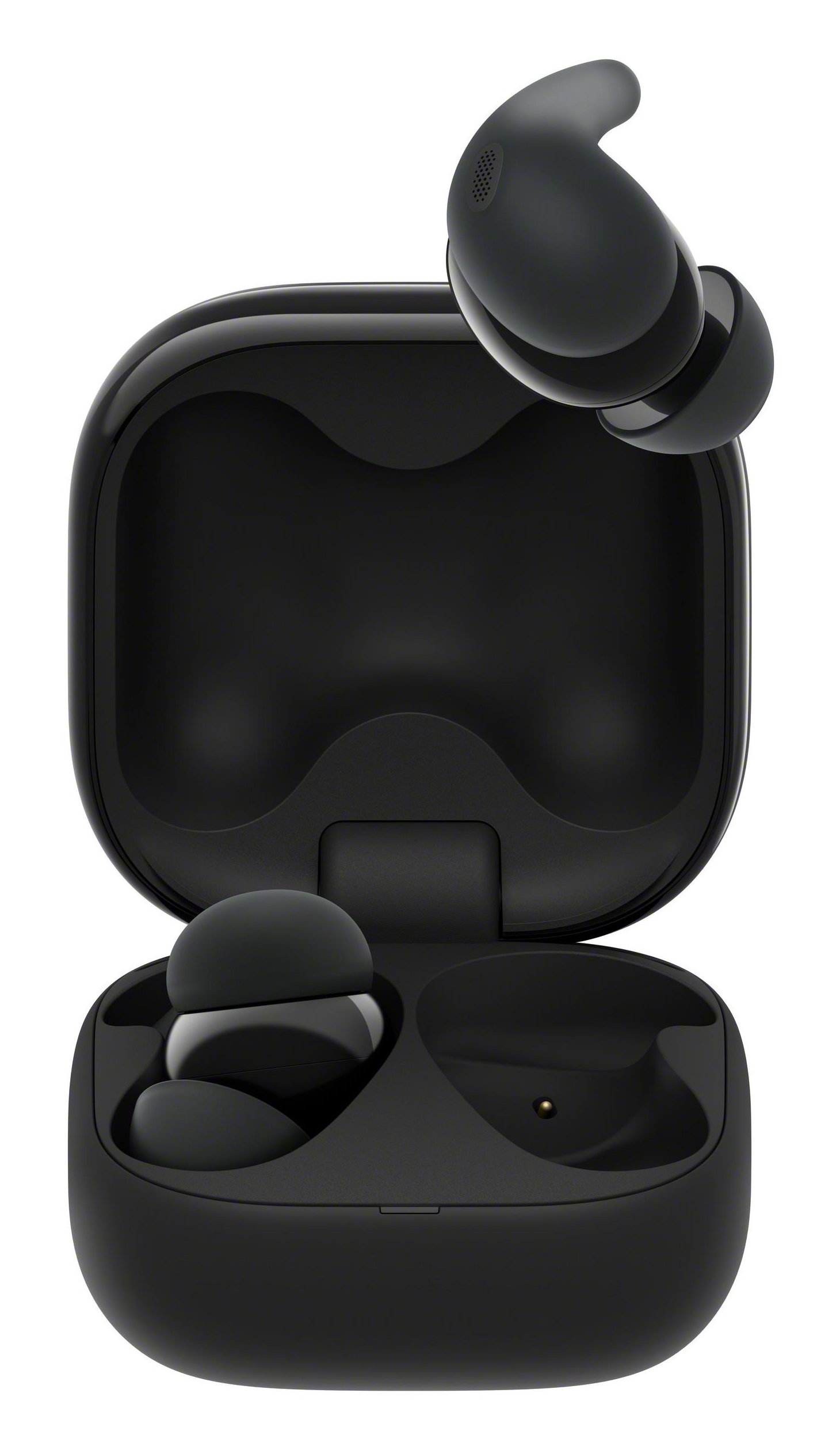 Czarne słuchawki wewnątrz otwartego, czarnego etui ładującego. Jeden słuchawka jest na zewnątrz.