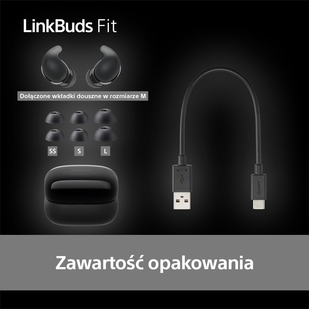 Czarne słuchawki, etui i kabel USB. Dopasowanie słuchawek, rozmiary SS, S, L. Tekst: "Zawartość opakowania".