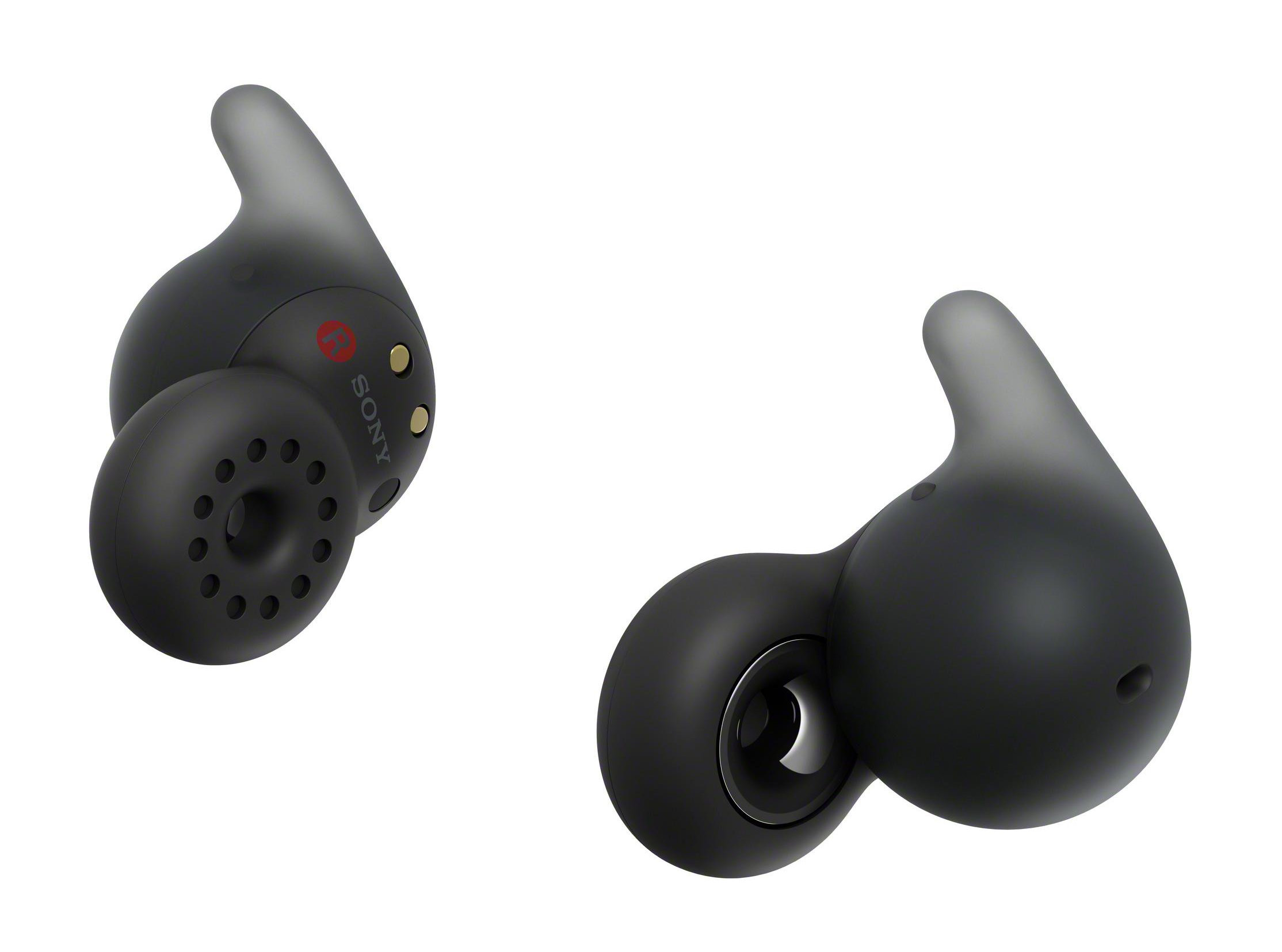 Dwa czarne słuchawki. Logo Sony widoczne na jednej słuchawce.