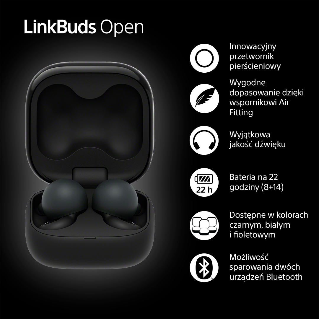 Czarne słuchawki w czarnym etui. Zawiera listę szczegółów, takich jak bateria, kolory i Bluetooth.