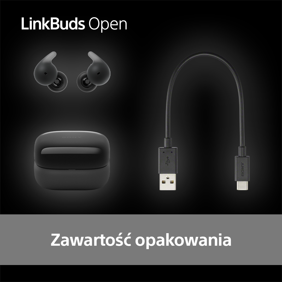 Czarne słuchawki, etui i kabel USB. Tekst: "Zawartość opakowania".
