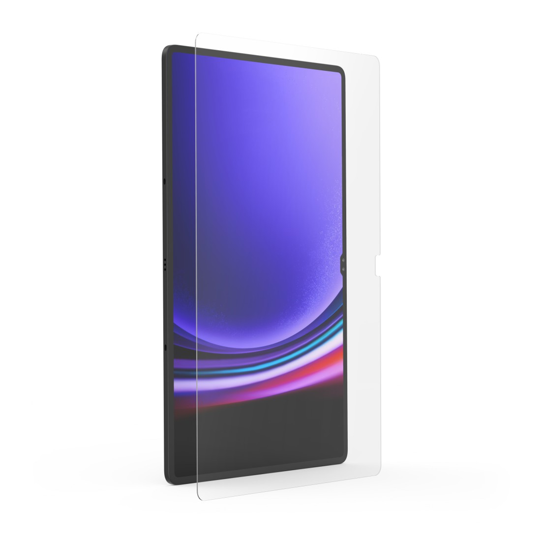 Ein Tablet mit Displayschutzfolie, auf weißem Hintergrund.