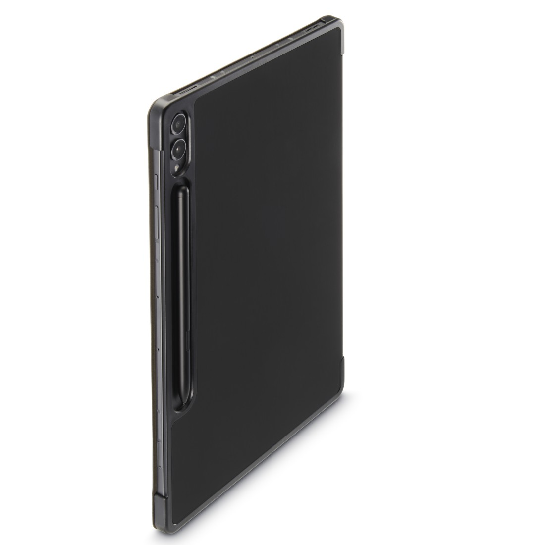Schwarzes Tablet in schwarzem Etui. Ein Stift an der Seite.