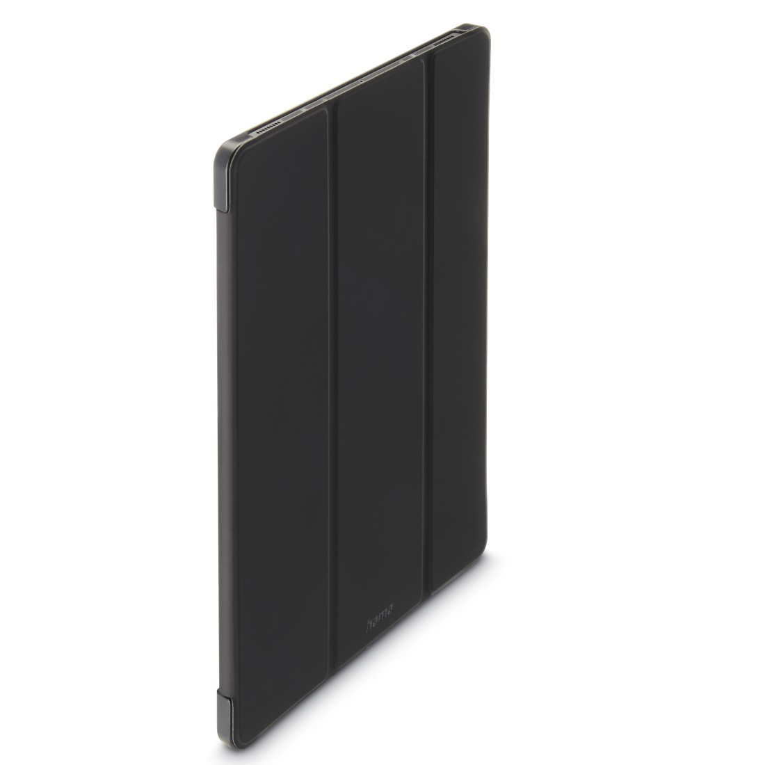 Schwarze Tablet-Hülle. Die Hülle ist geschlossen. Die Ansicht ist von der Seite.