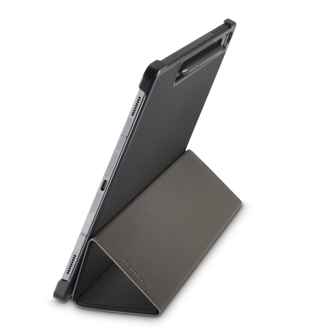 Ein Tablet mit Stift und Hülle, das aufrecht steht.