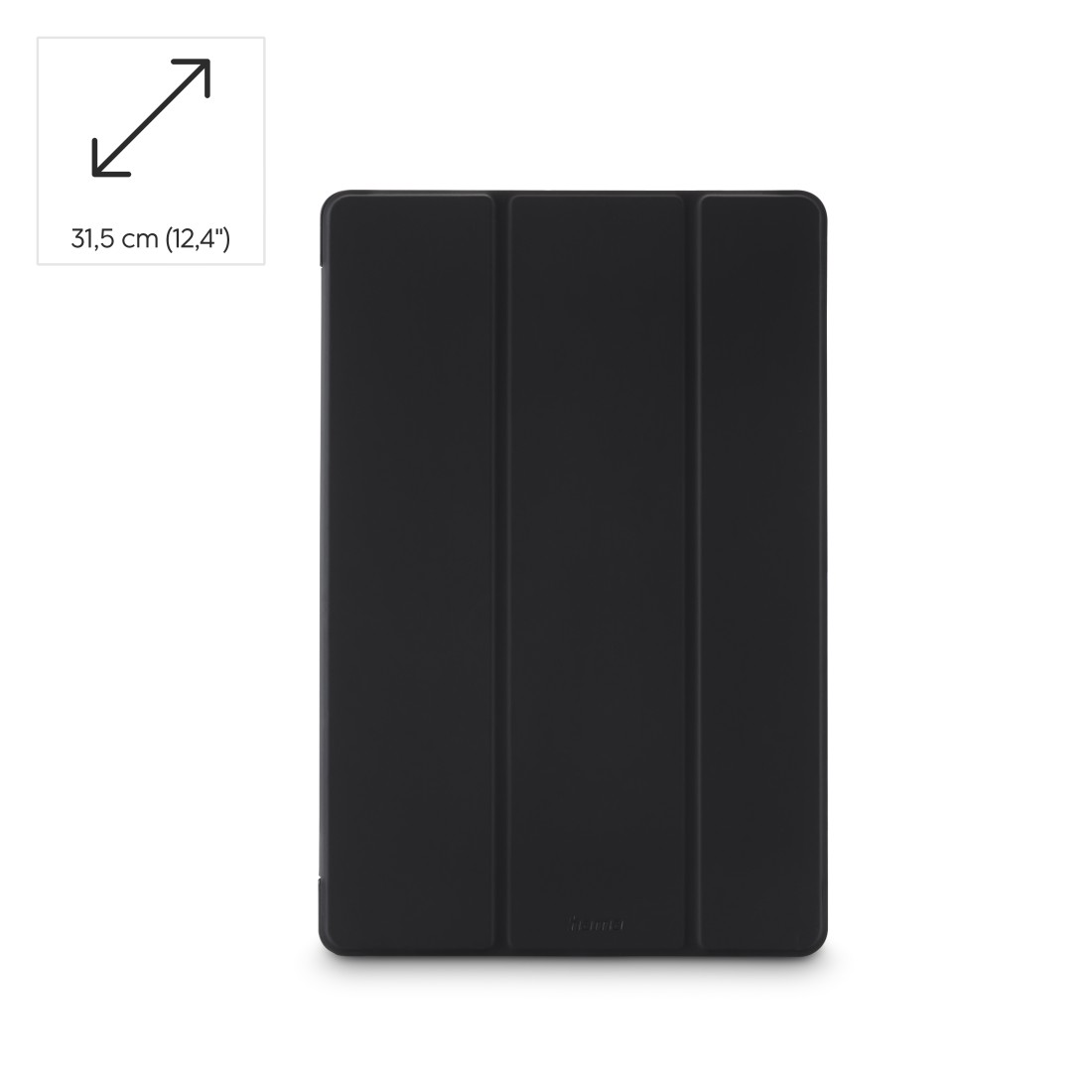 Schwarzes Tablet-Case, geschlossen. Zeigt die Abmessungen 31,5 cm (12,4") und einen diagonalen Pfeil.