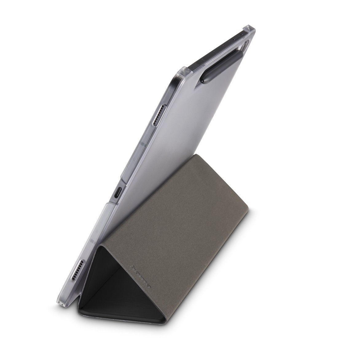 Tablet in einer Hülle. Die Hülle ist grau und kann gefaltet werden, um das Tablet aufzustellen.