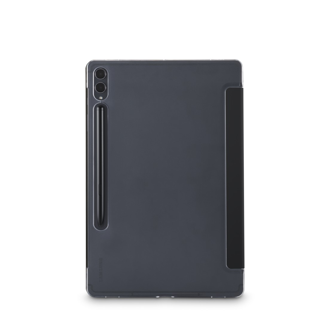Tablet mit Hülle und Stift. Die Hülle ist dunkelgrau, der Stift schwarz.