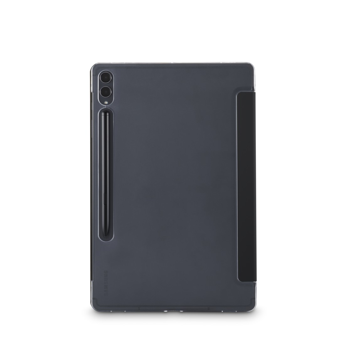 Dunkelgraues Tablet mit Stift und Hülle. Die Hülle bedeckt die rechte Seite.