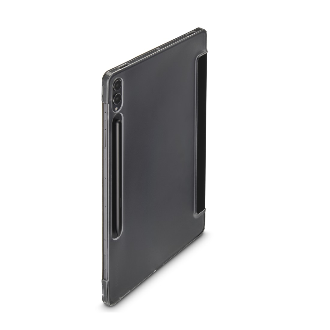 Ein Tablet mit Hülle und Stift. Das Tablet ist schwarz und hat eine Kamera.