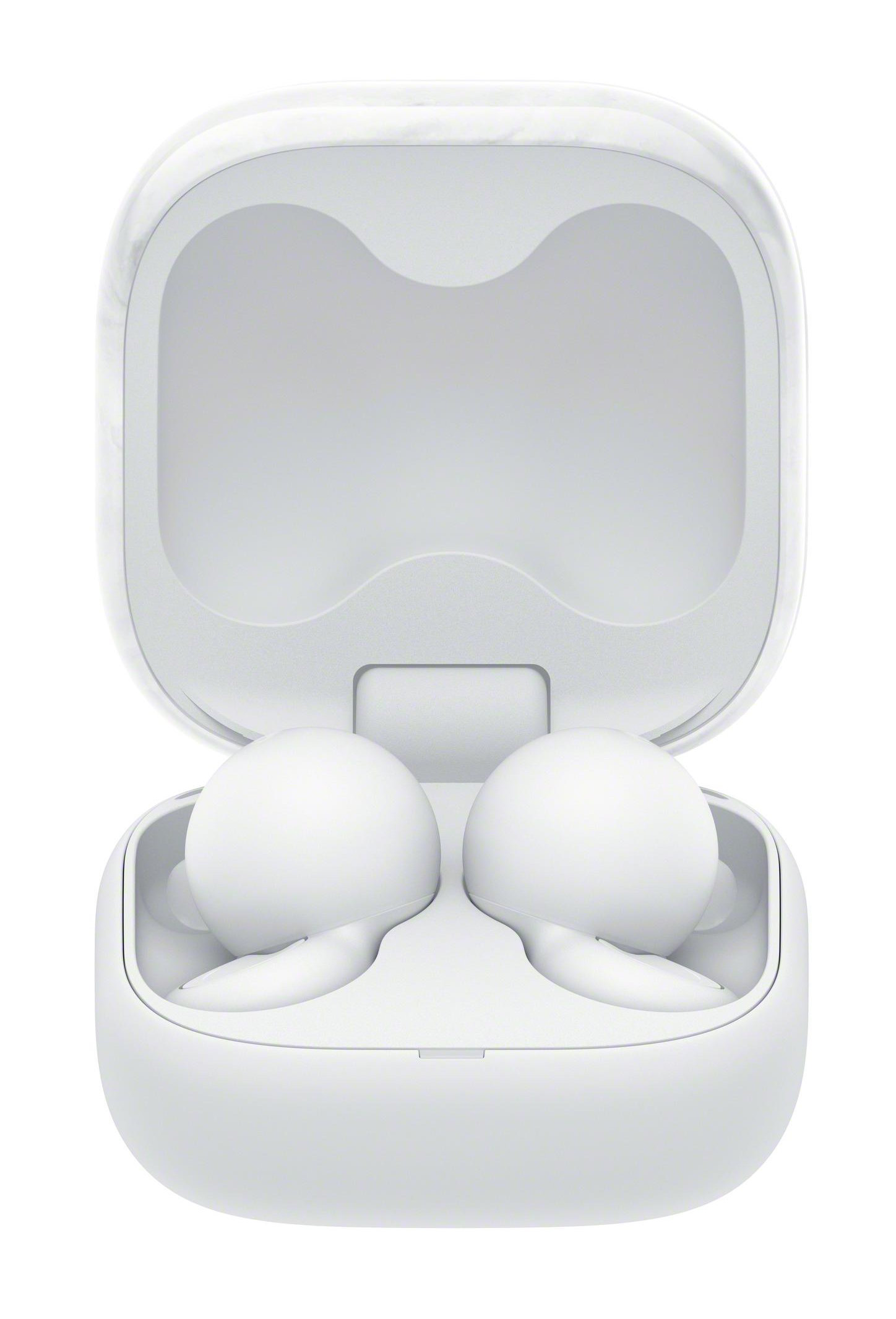 Białe bezprzewodowe słuchawki w etui ładującym.