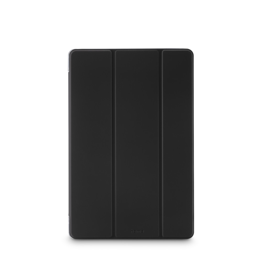 Eine schwarze Tablet-Hülle wird vor weißem Hintergrund angezeigt. Die Hülle ist geschlossen und steht aufrecht.
