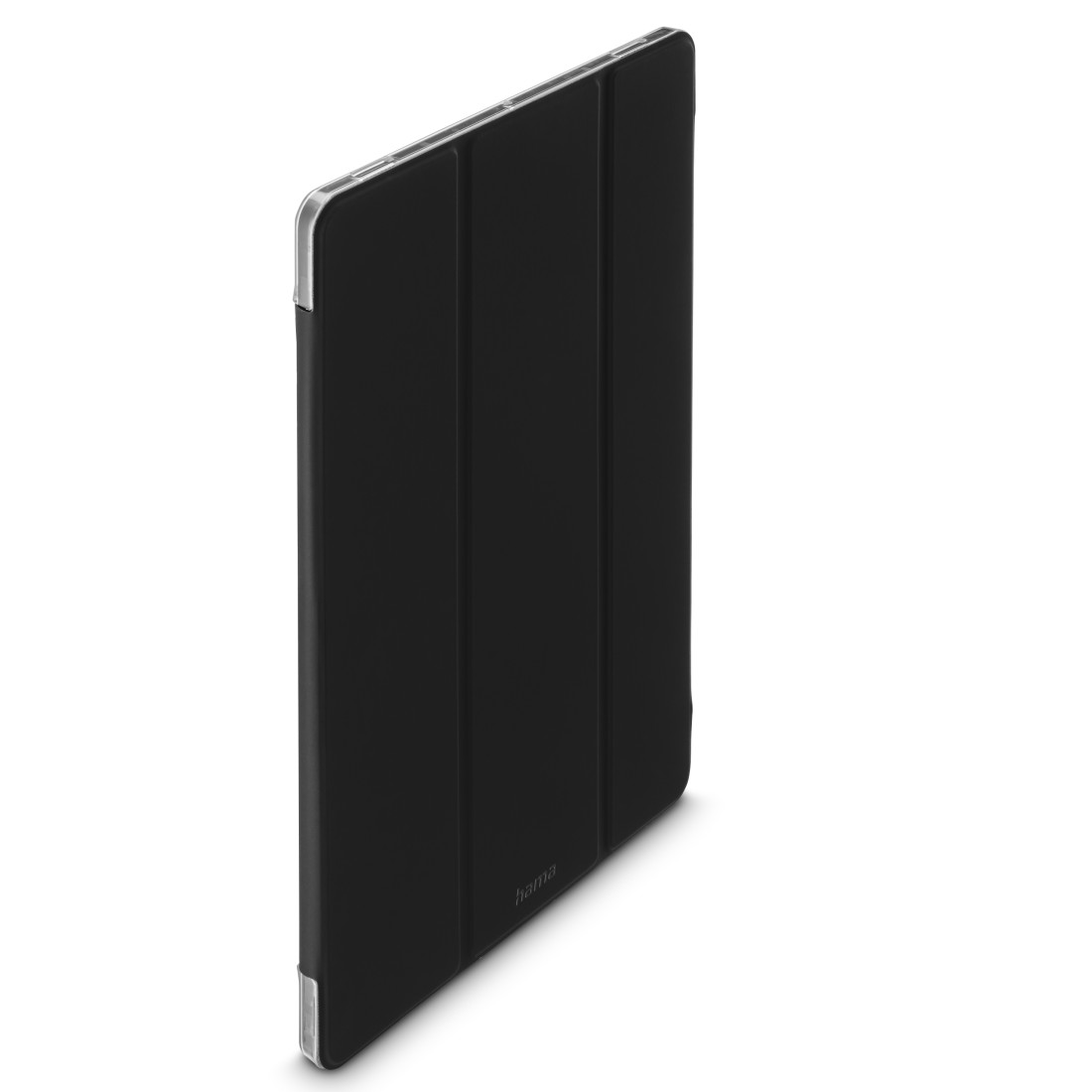 Schwarze Tablethülle, geschlossen, dreiteiliges Design, silberner Rahmen auf weißem Hintergrund.