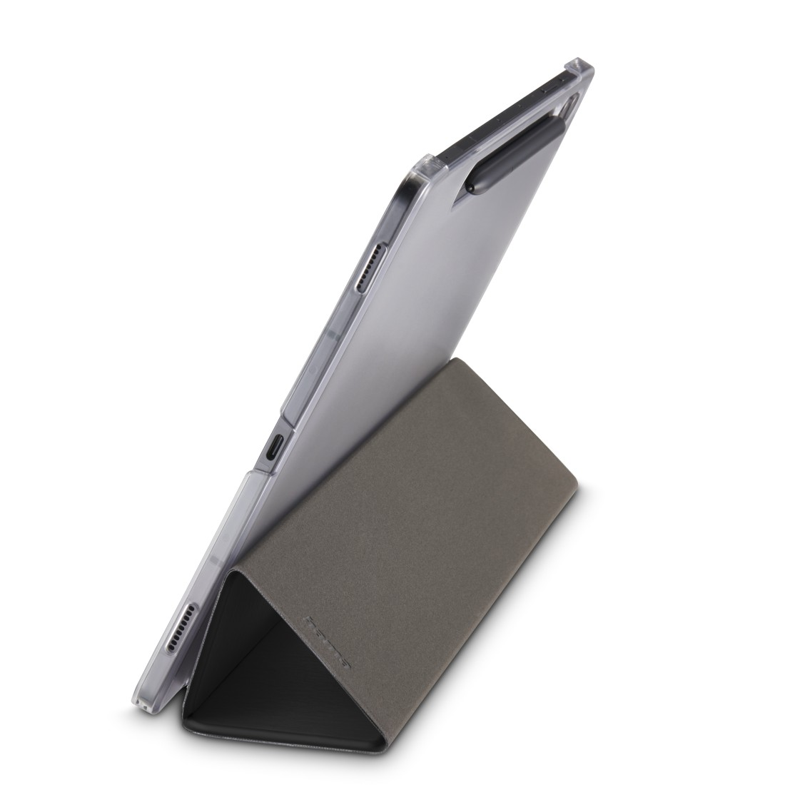Tablet in einer grauen und transparenten Hülle, schräg aufgestellt. Ein Stift ist im Gehäuse.