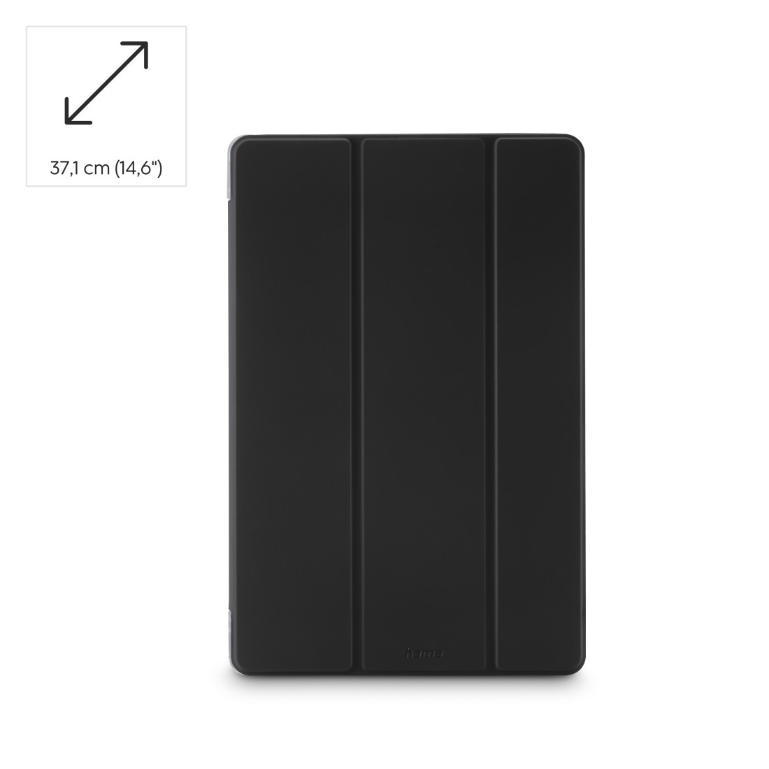 Schwarze Tablethülle, offen, zeigt eine 14,6" Diagonale mit Größenindikatoren.