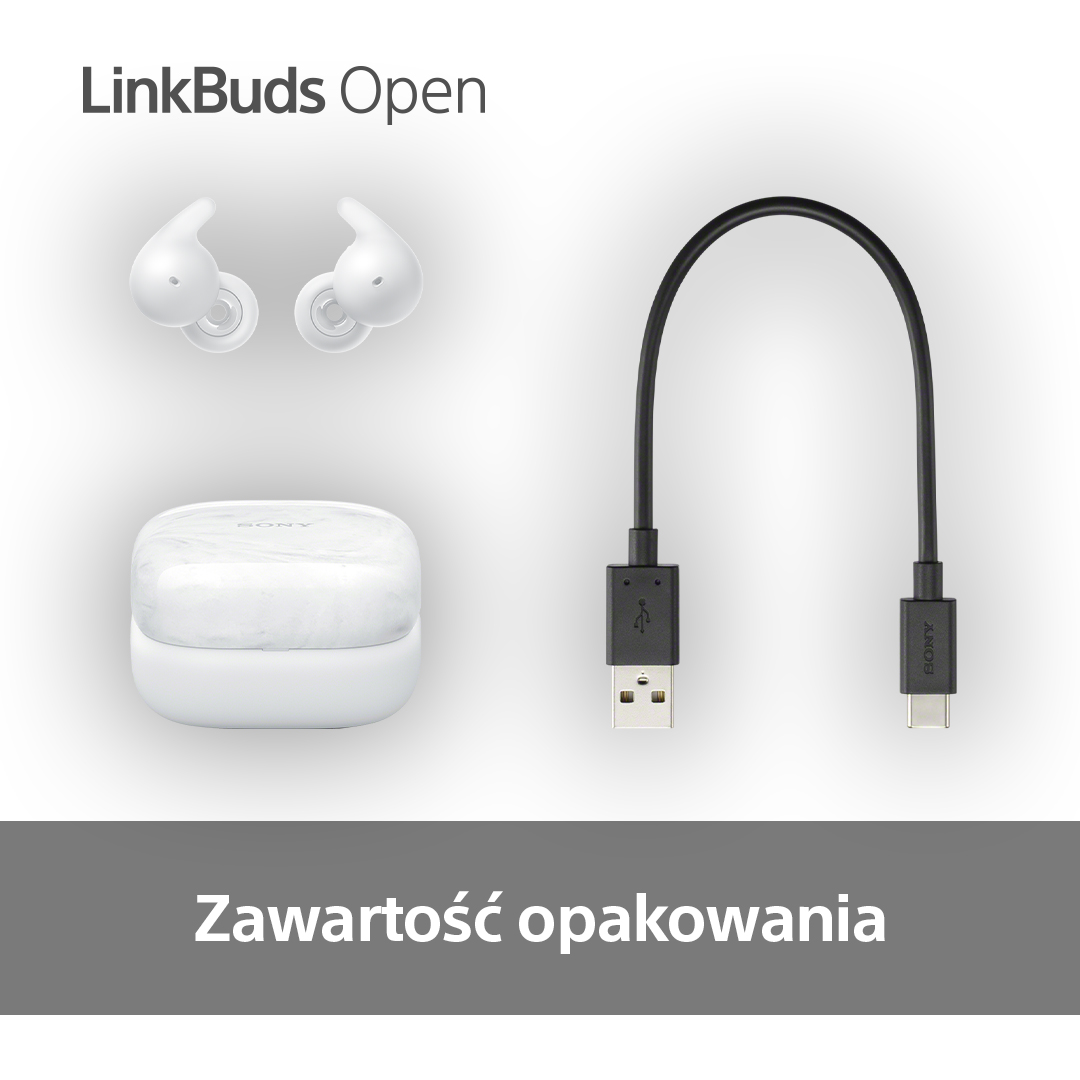 Białe słuchawki, etui ładujące i czarny kabel USB-C na białym tle.