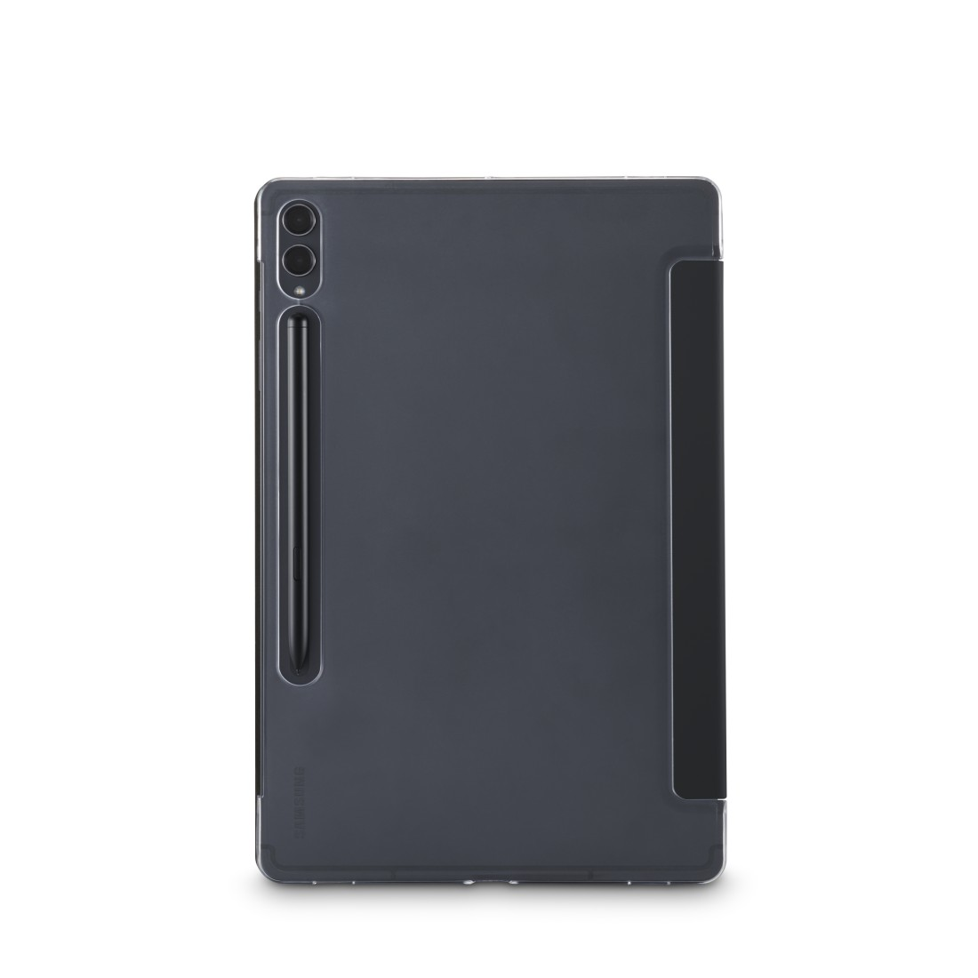 Tablet mit Stift an der Seite. Dunkelgraue Rückseite. Weißer Hintergrund. Stift ist schwarz.