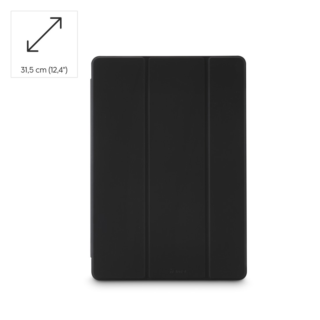 Schwarze Tablethülle, geschlossen, mit Größenangabe. Der Hintergrund ist weiß.