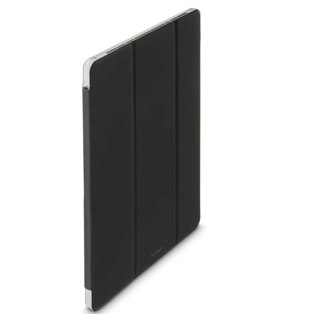 Eine schwarze Tablet-Hülle mit Magnetverschluss, teilweise geöffnet.