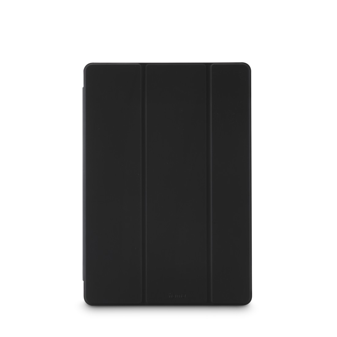 Eine schwarze iPad-Hülle, geschlossen, mit schlichtem Design auf weißem Hintergrund.