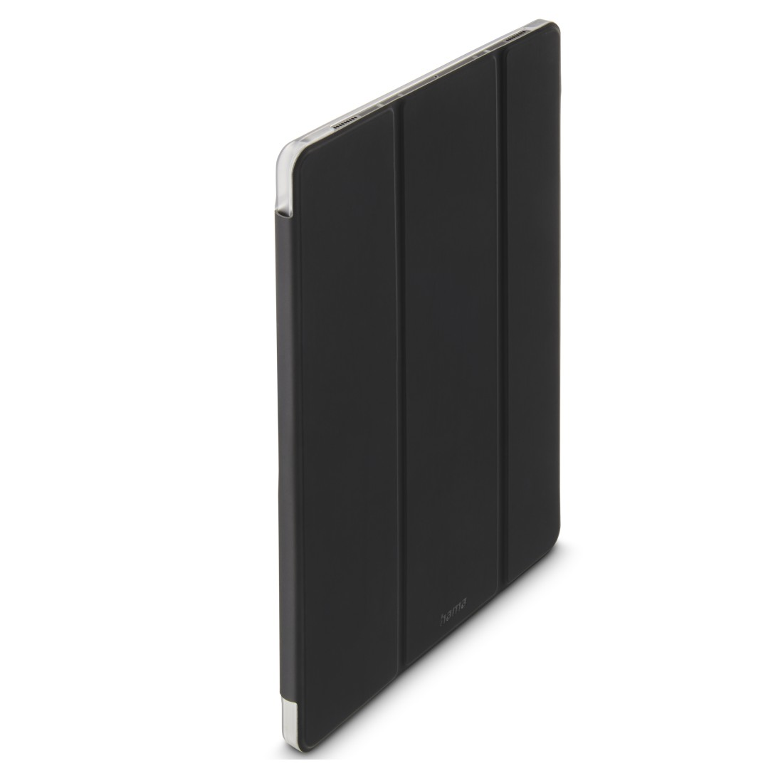 Eine schwarze Tablethülle, geschlossen, mit silberner Kante, auf weißer Oberfläche.