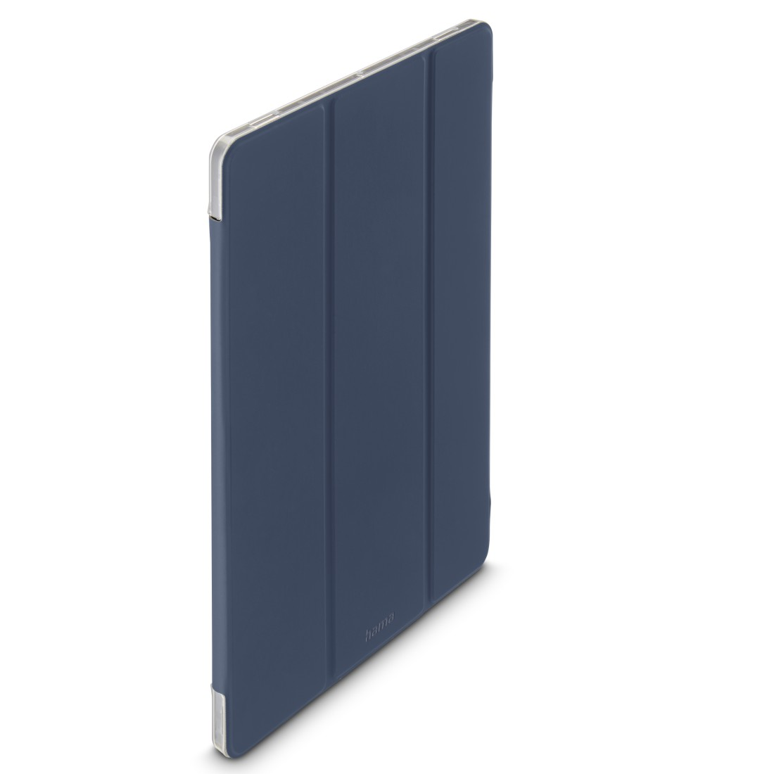 Eine blaue Tablet-Hülle wird aus einem Seitenwinkel vor weißem Hintergrund gezeigt.