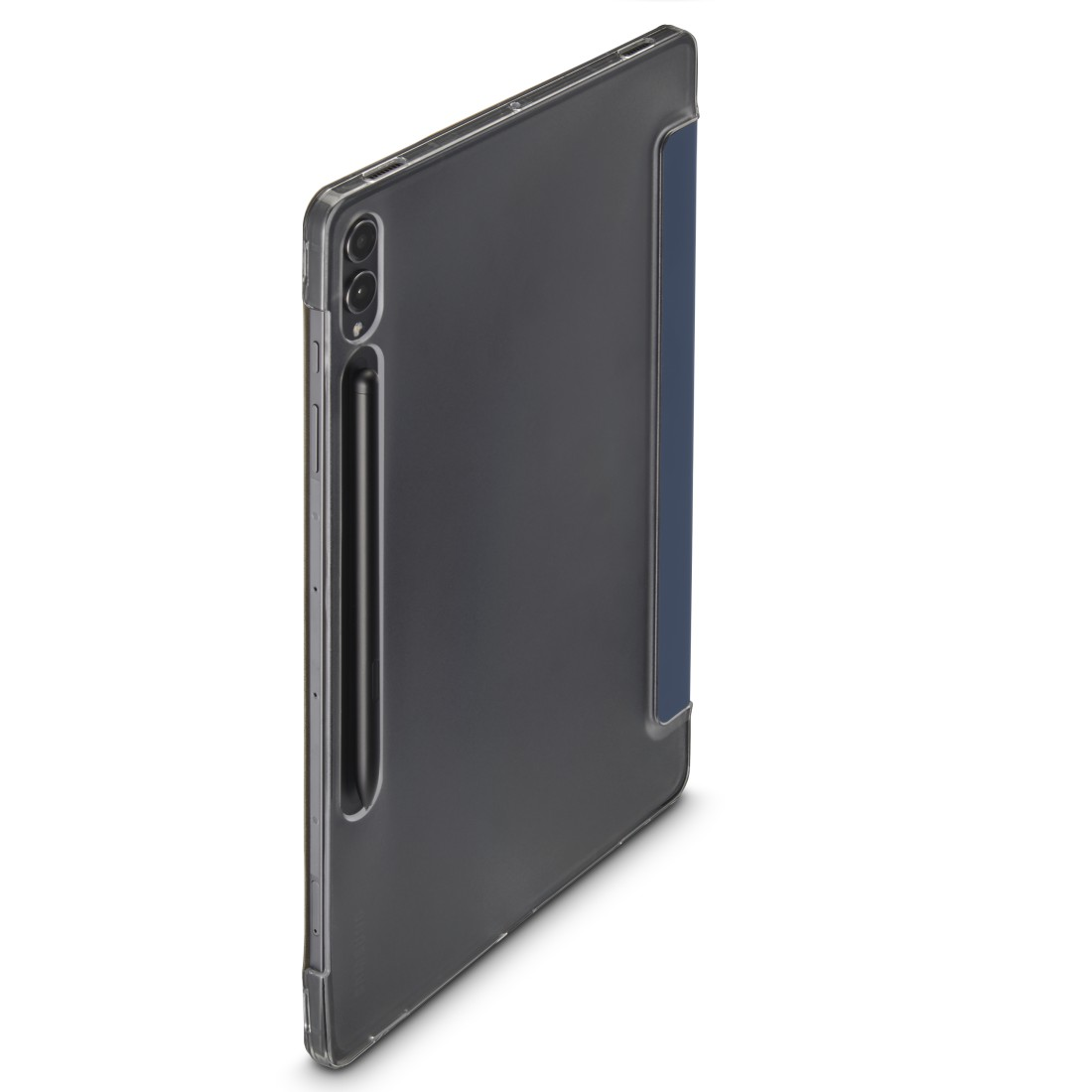Tablet in einer Hülle mit dunkler Rückseite und blauem Streifen an der Seite.