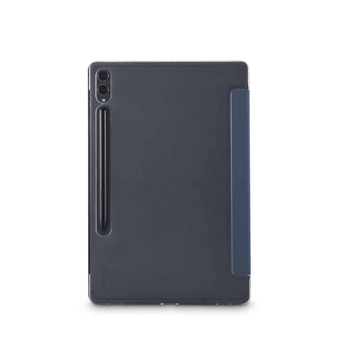 Ein dunkelblaues Tablet mit Hülle und Stift. Die Hülle befindet sich auf der rechten Seite.