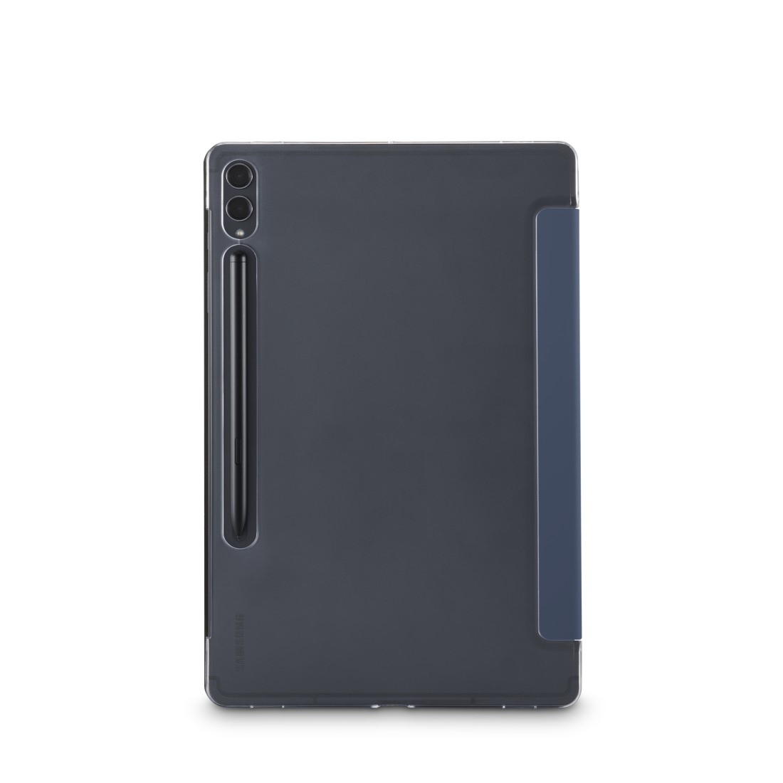 Ein dunkelgraues Tablet mit Stift, in einer dunkelblauen Hülle, vor weißem Hintergrund.