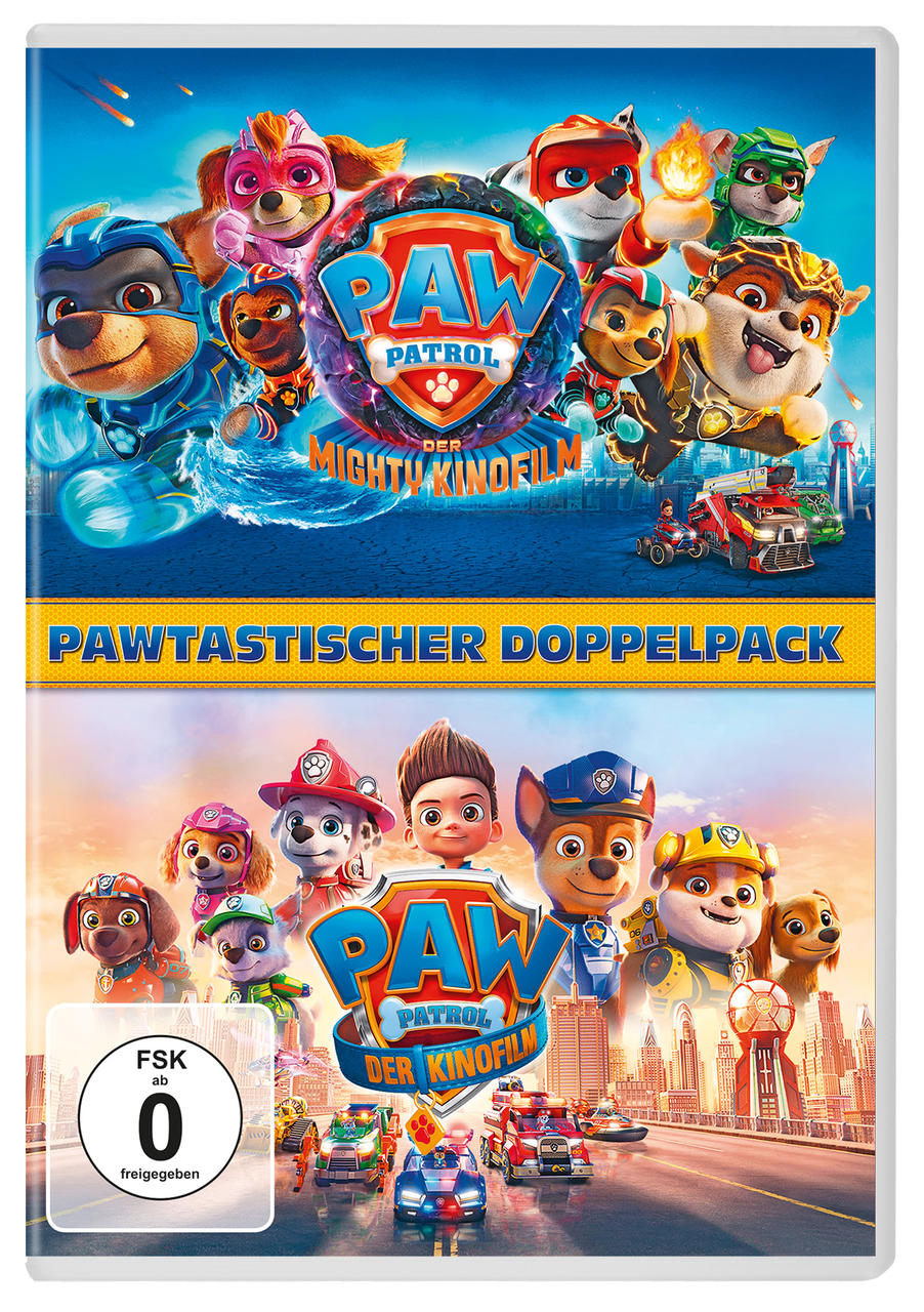 DVD-Cover des Paw Patrol-Films mit Charakteren. Es ist ein Doppelpack.