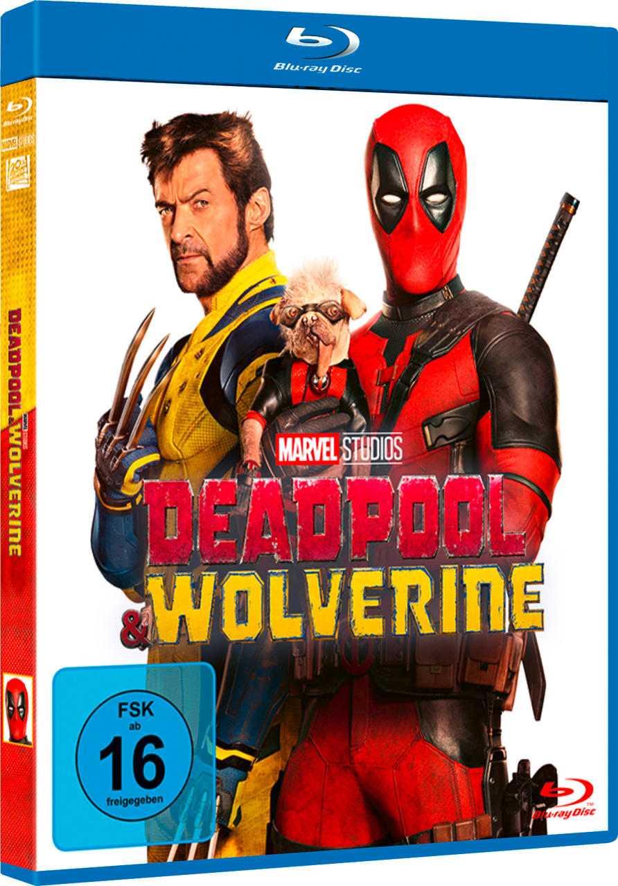Deadpool & Wolverine Blu-ray-Box-Art. Wolverine, Deadpool und ein Hund sind auf dem Cover.
