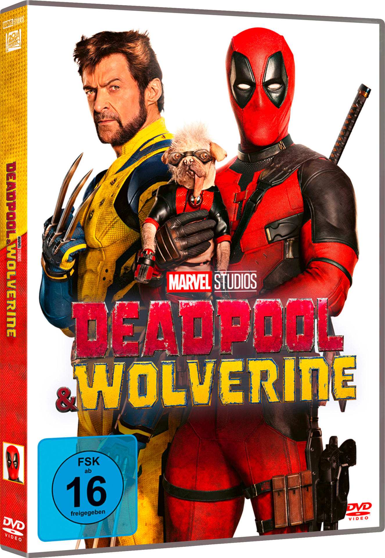 Deadpool- und Wolverine-DVD-Cover. Deadpool, Wolverine und Hund sind abgebildet. Marvel Studios-Logo ist vorhanden.