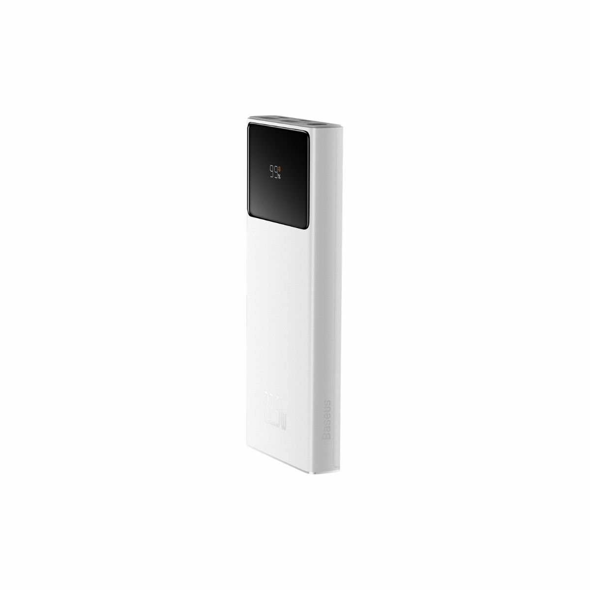Ekranlı beyaz ve siyah powerbank. Yüzdeyi ve Baseus logosunu gösterir.