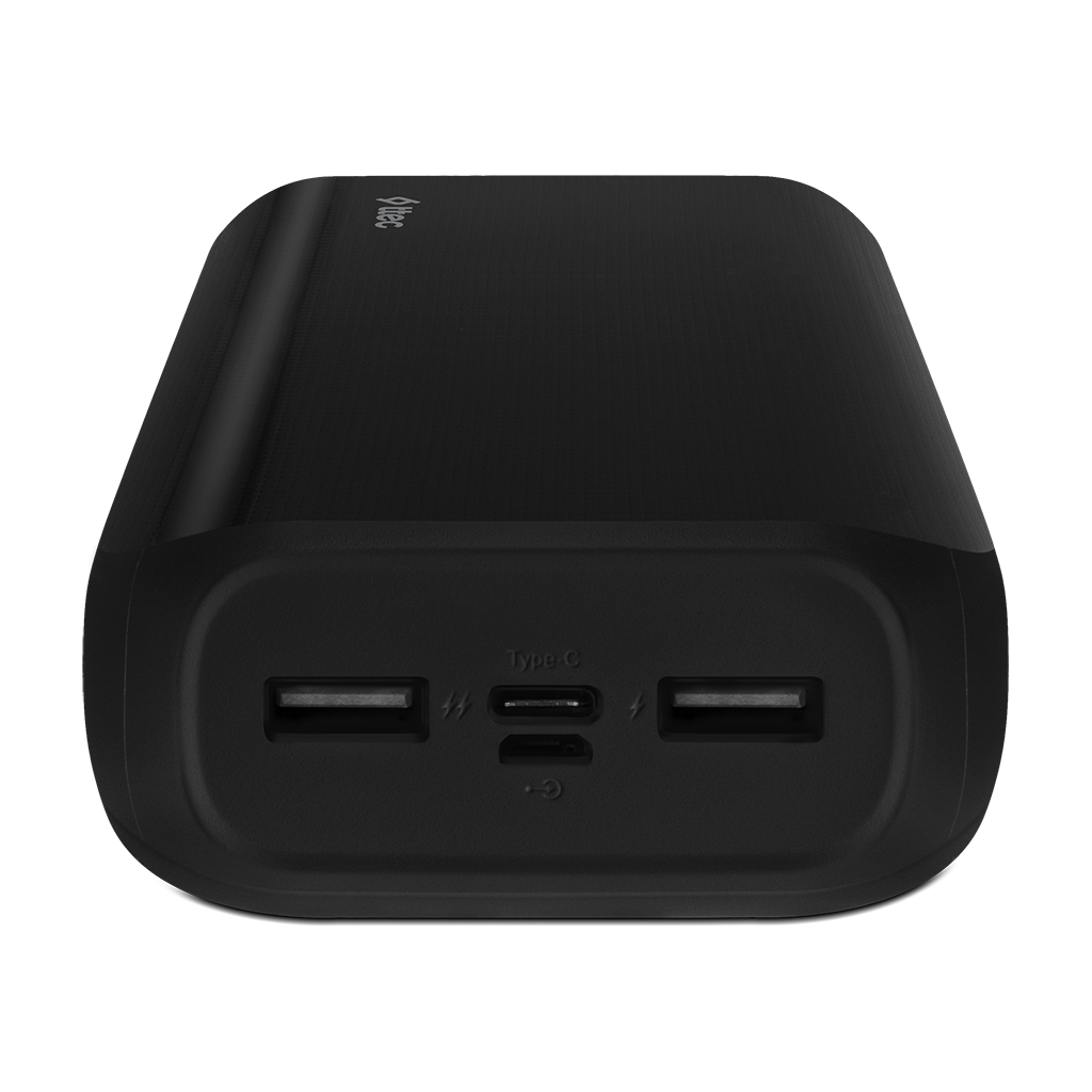 USB ve Tip C portlu siyah güç bankası.