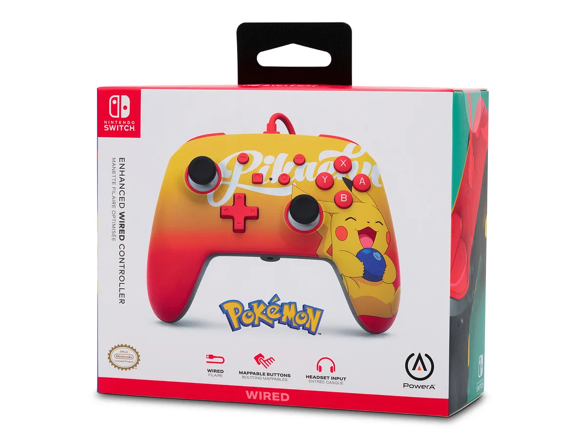 Bir Nintendo Switch kontrolcü kutusu. Kutu, Pikachu ve Pokémon markasıyla renkli.