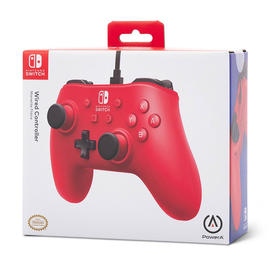 Beyaz bir kutuda kırmızı kablolu Nintendo Switch denetleyicisi. Nintendo Switch logosunu içerir.