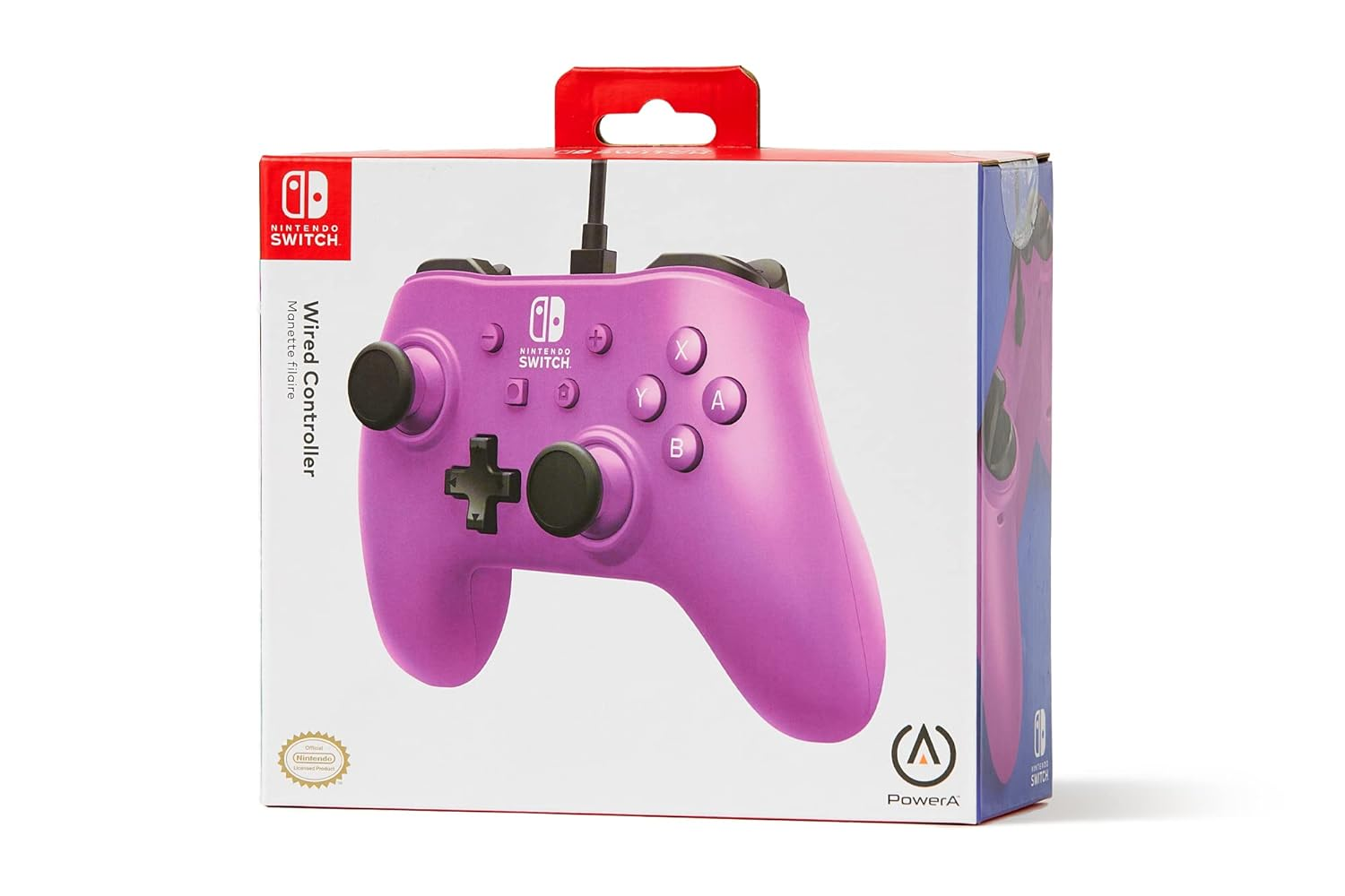 Nintendo Switch için mor kablolu bir kontrolcü, bir kutuda. Kutunun kırmızı bir sapı var.