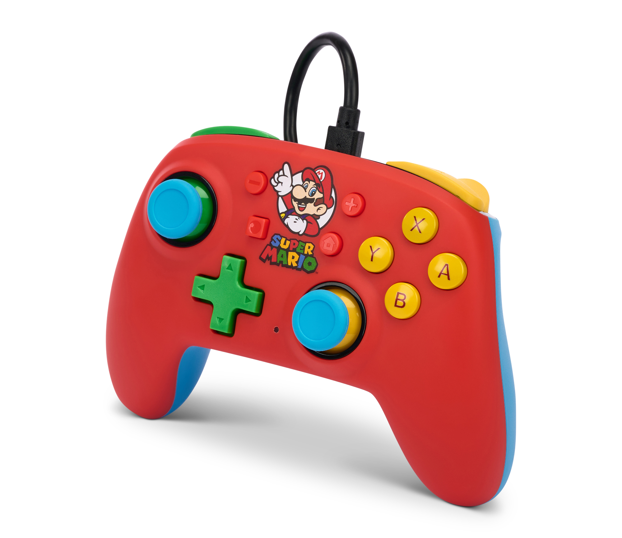 Kırmızı bir Super Mario kontrolcüsü, çeşitli renkli düğmeler ve siyah bir kablo.