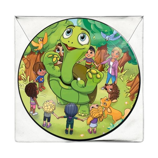 Cartoon-Bild einer Schildkröte mit Kindern. Sie halten sich an den Händen im Kreis.