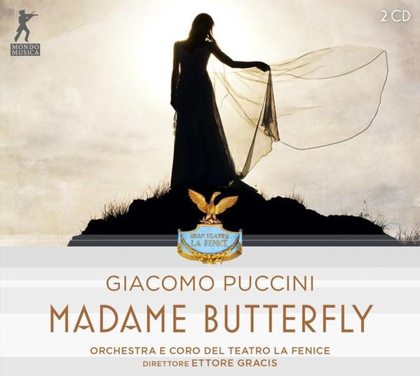 Albumcover für Giacomo Puccinis Madame Butterfly. Eine Frau in Silhouette. Der Hintergrund ist ein Sonnenuntergang.